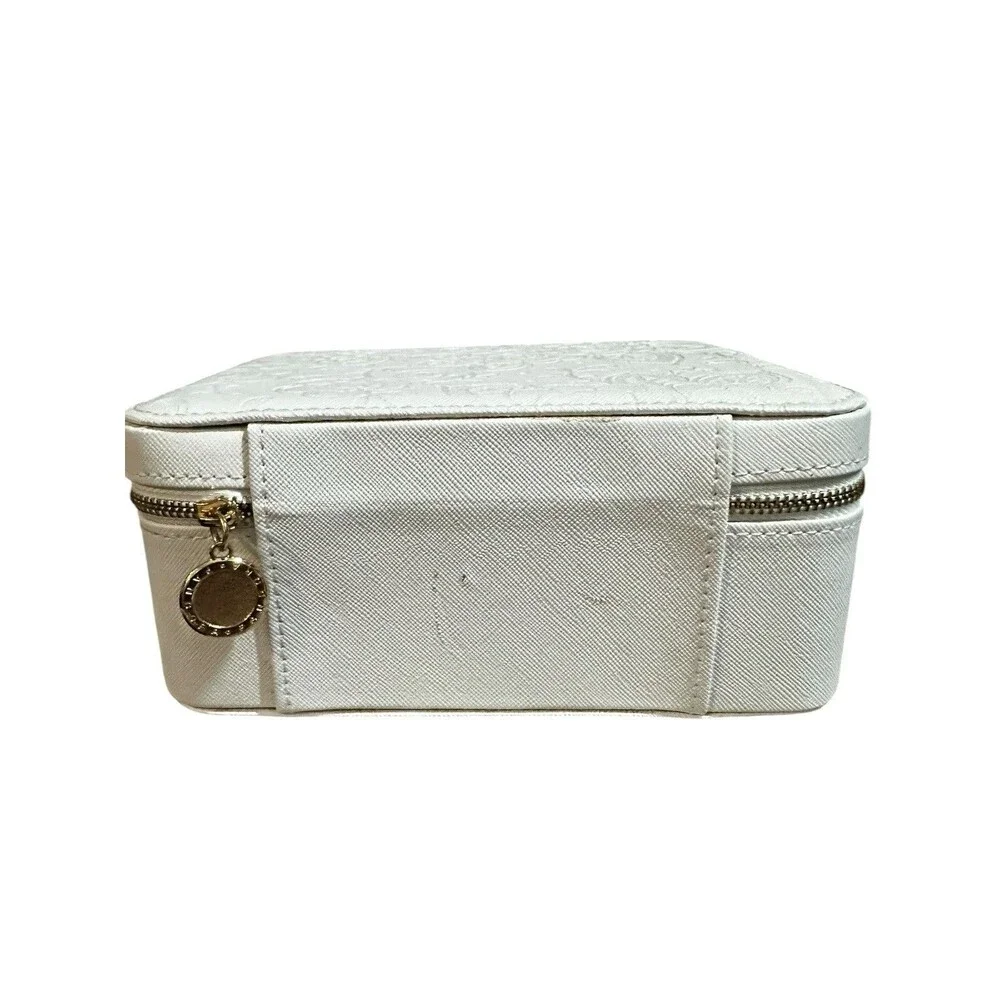 Pandora White Travel Jewelry Box Embossed Floral Gold Zipper Gray Velvet Lining